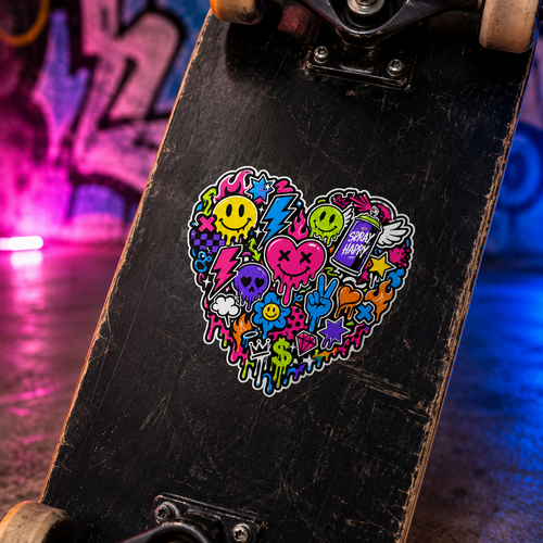Graffiti Heart Vinyl Sticker, neon happy graffiti art decal